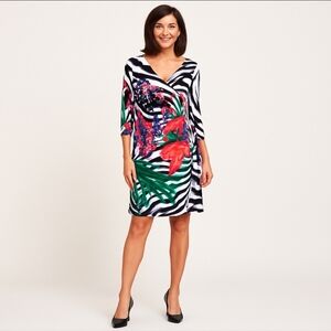 Joseph Ribkoff Floral Zebra Print Wrap Dress Bold Tropical V-Neck 3/4 Sleeve